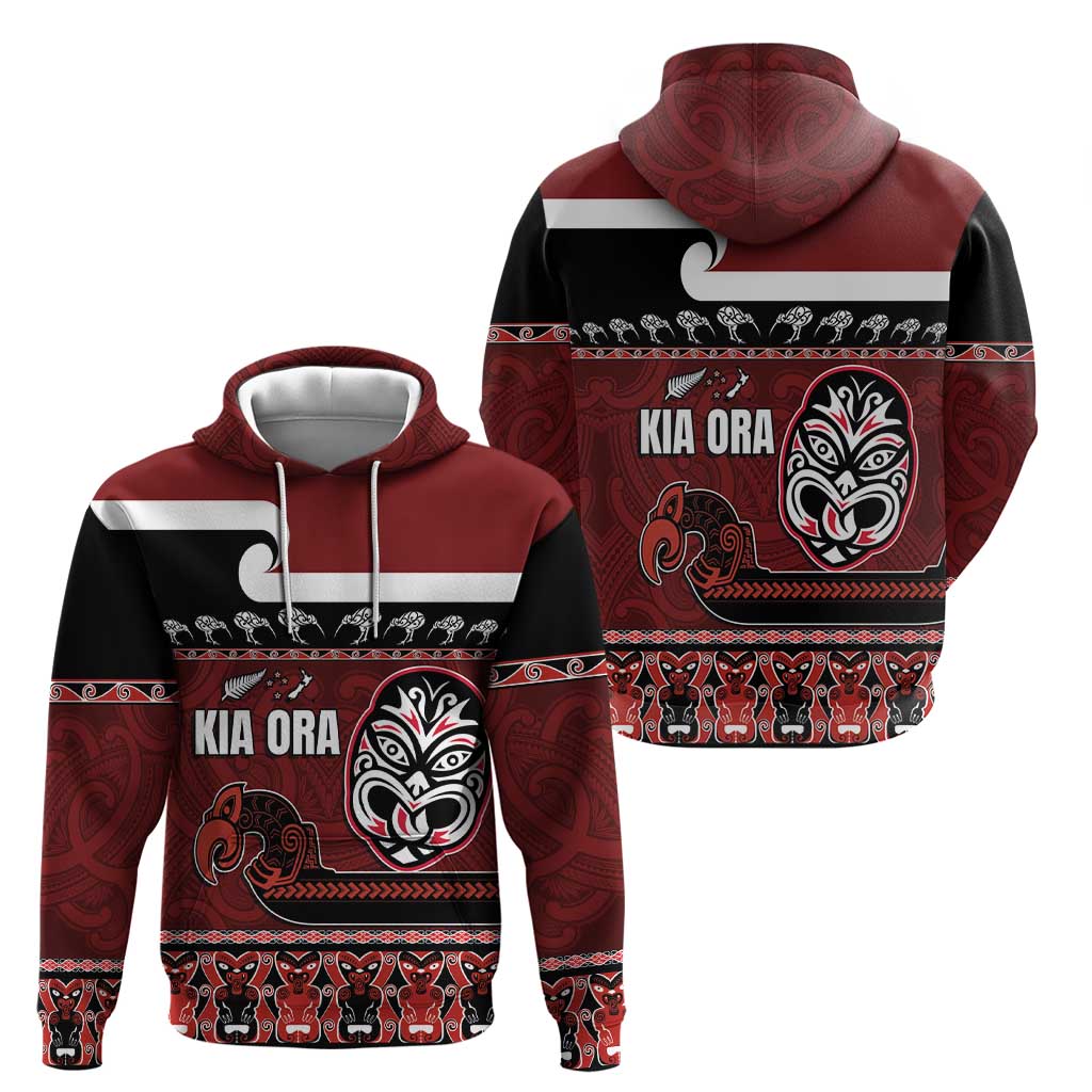 New Zealand Culture Hoodie Kia Ora Aotearoa Moko Tattoo Mask with Waka and Maori Art Pattern LT03 - Polynesian Pride