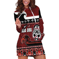 New Zealand Culture Hoodie Dress Kia Ora Aotearoa Moko Tattoo Mask with Waka and Maori Art Pattern LT03 Red - Polynesian Pride