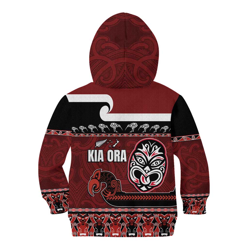 New Zealand Culture Kid Hoodie Kia Ora Aotearoa Moko Tattoo Mask with Waka and Maori Art Pattern LT03 - Polynesian Pride