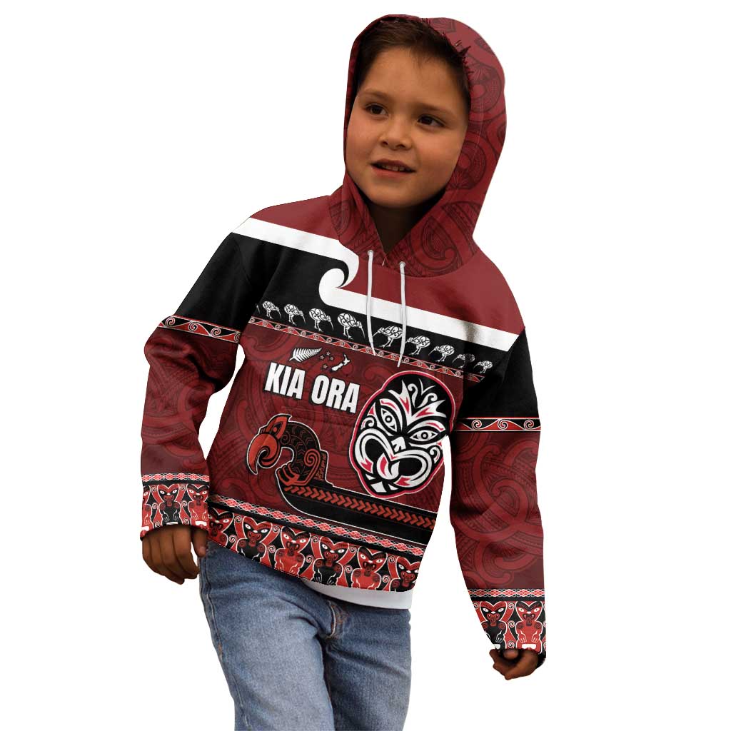 New Zealand Culture Kid Hoodie Kia Ora Aotearoa Moko Tattoo Mask with Waka and Maori Art Pattern LT03 - Polynesian Pride