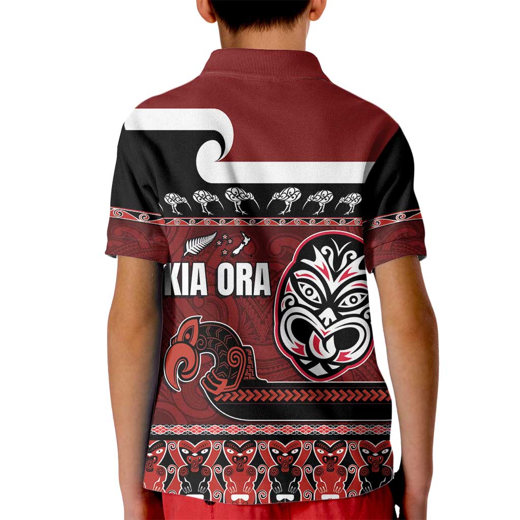 New Zealand Culture Kid Polo Shirt Kia Ora Aotearoa Moko Tattoo Mask with Waka and Maori Art Pattern LT03 - Polynesian Pride
