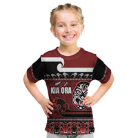 New Zealand Culture Kid T Shirt Kia Ora Aotearoa Moko Tattoo Mask with Waka and Maori Art Pattern LT03 Red - Polynesian Pride