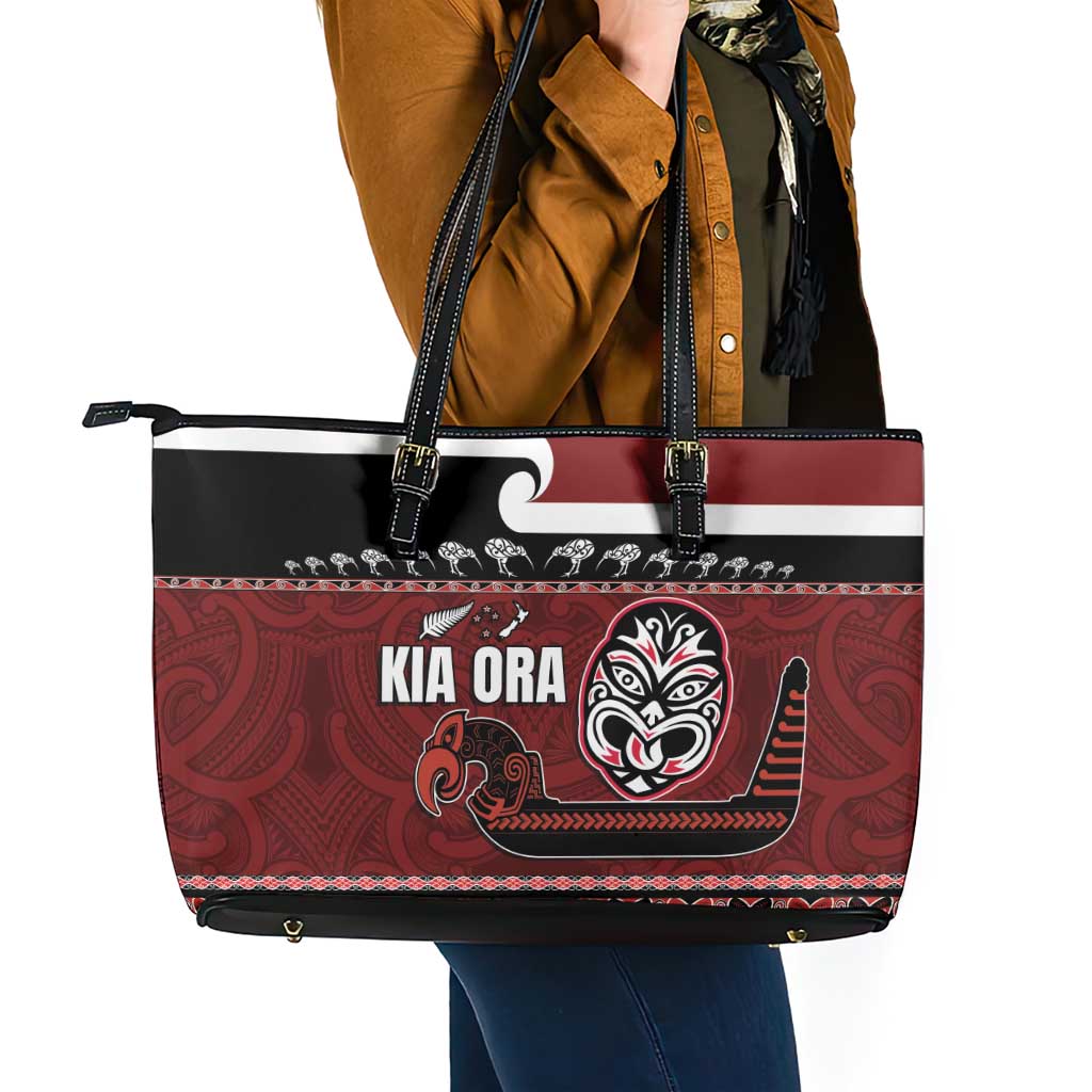 New Zealand Culture Leather Tote Bag Kia Ora Aotearoa Moko Tattoo Mask with Waka and Maori Art Pattern LT03 - Polynesian Pride
