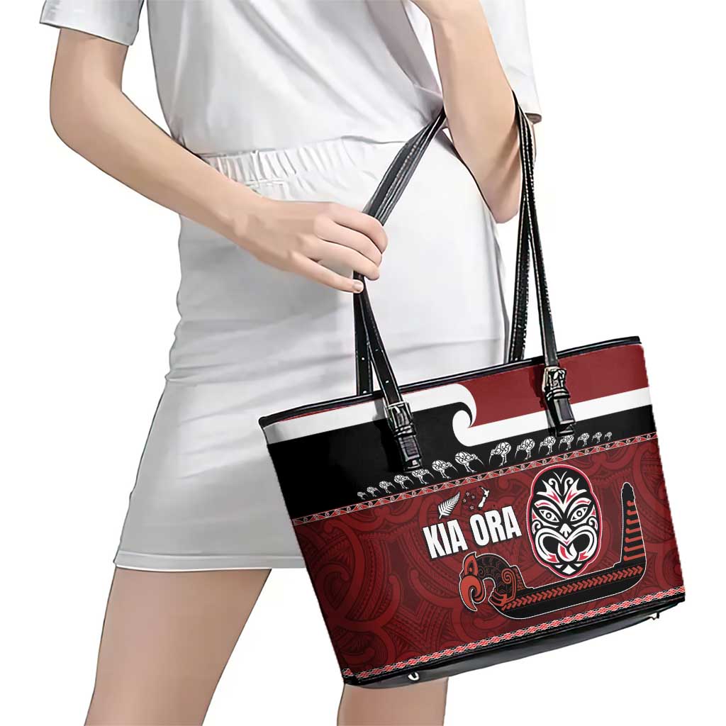 New Zealand Culture Leather Tote Bag Kia Ora Aotearoa Moko Tattoo Mask with Waka and Maori Art Pattern LT03 - Polynesian Pride