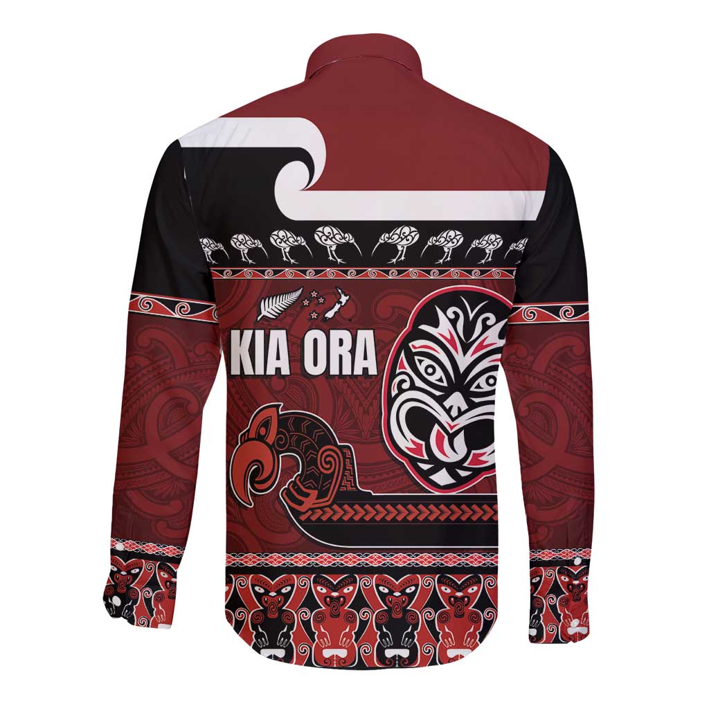 New Zealand Culture Long Sleeve Button Shirt Kia Ora Aotearoa Moko Tattoo Mask with Waka and Maori Art Pattern LT03 - Polynesian Pride
