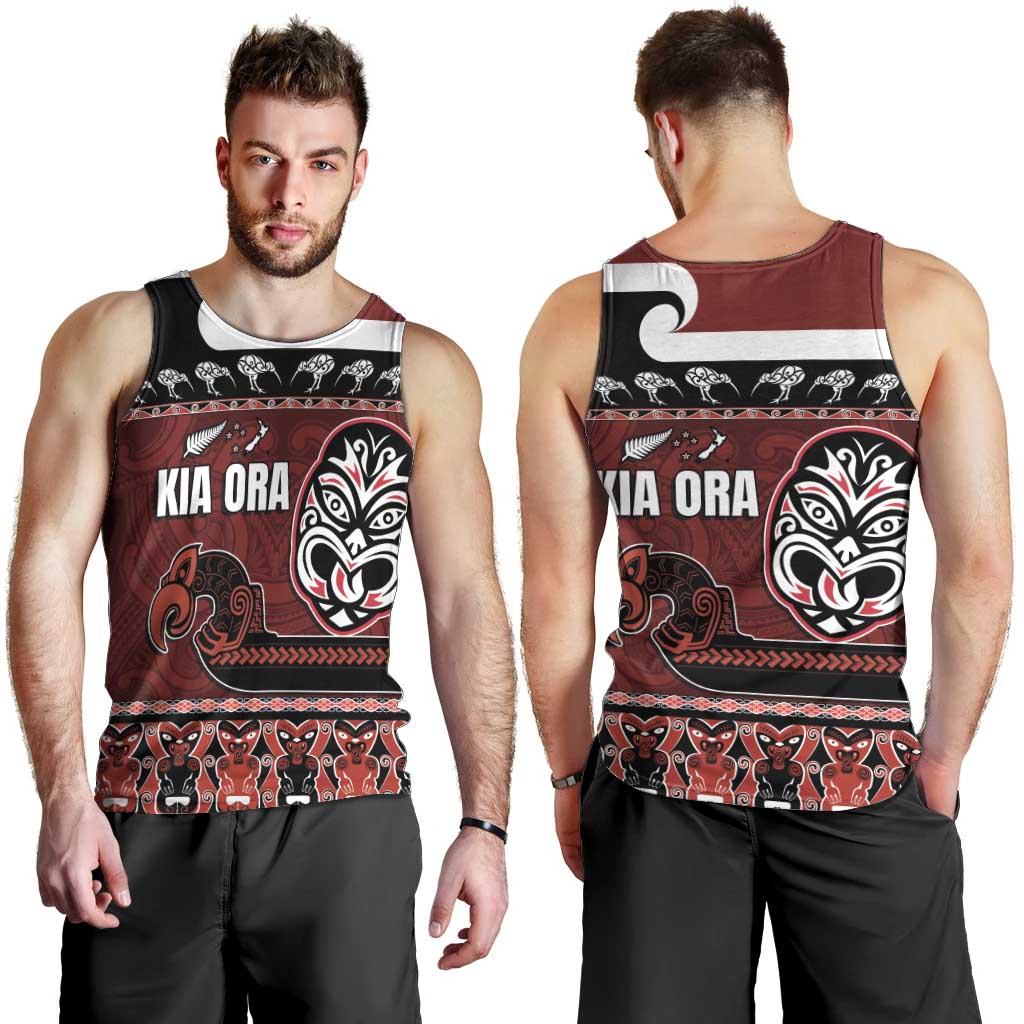 New Zealand Culture Men Tank Top Kia Ora Aotearoa Moko Tattoo Mask with Waka and Maori Art Pattern LT03 - Polynesian Pride