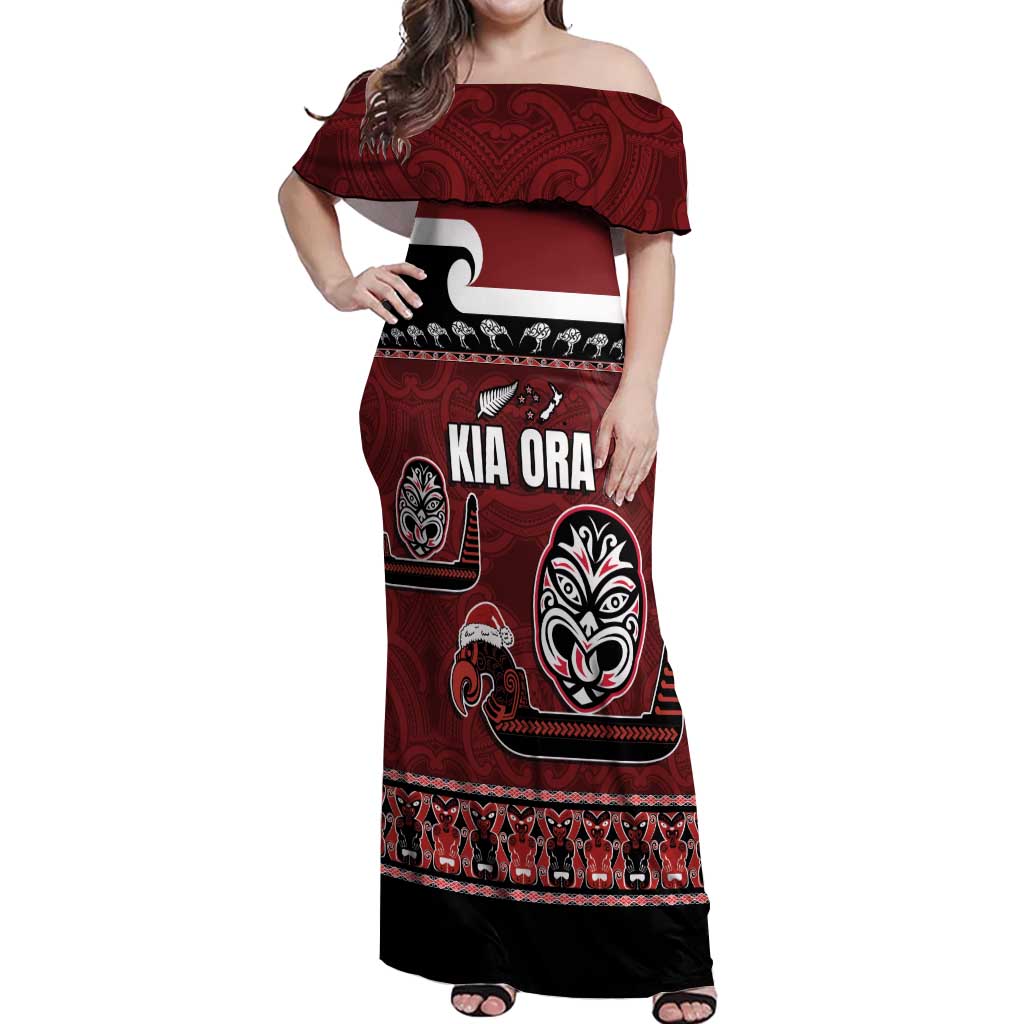 New Zealand Culture Off Shoulder Maxi Dress Kia Ora Aotearoa Moko Tattoo Mask with Waka and Maori Art Pattern LT03 Women Red - Polynesian Pride