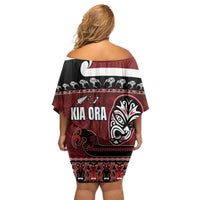 New Zealand Culture Off Shoulder Short Dress Kia Ora Aotearoa Moko Tattoo Mask with Waka and Maori Art Pattern LT03 - Polynesian Pride