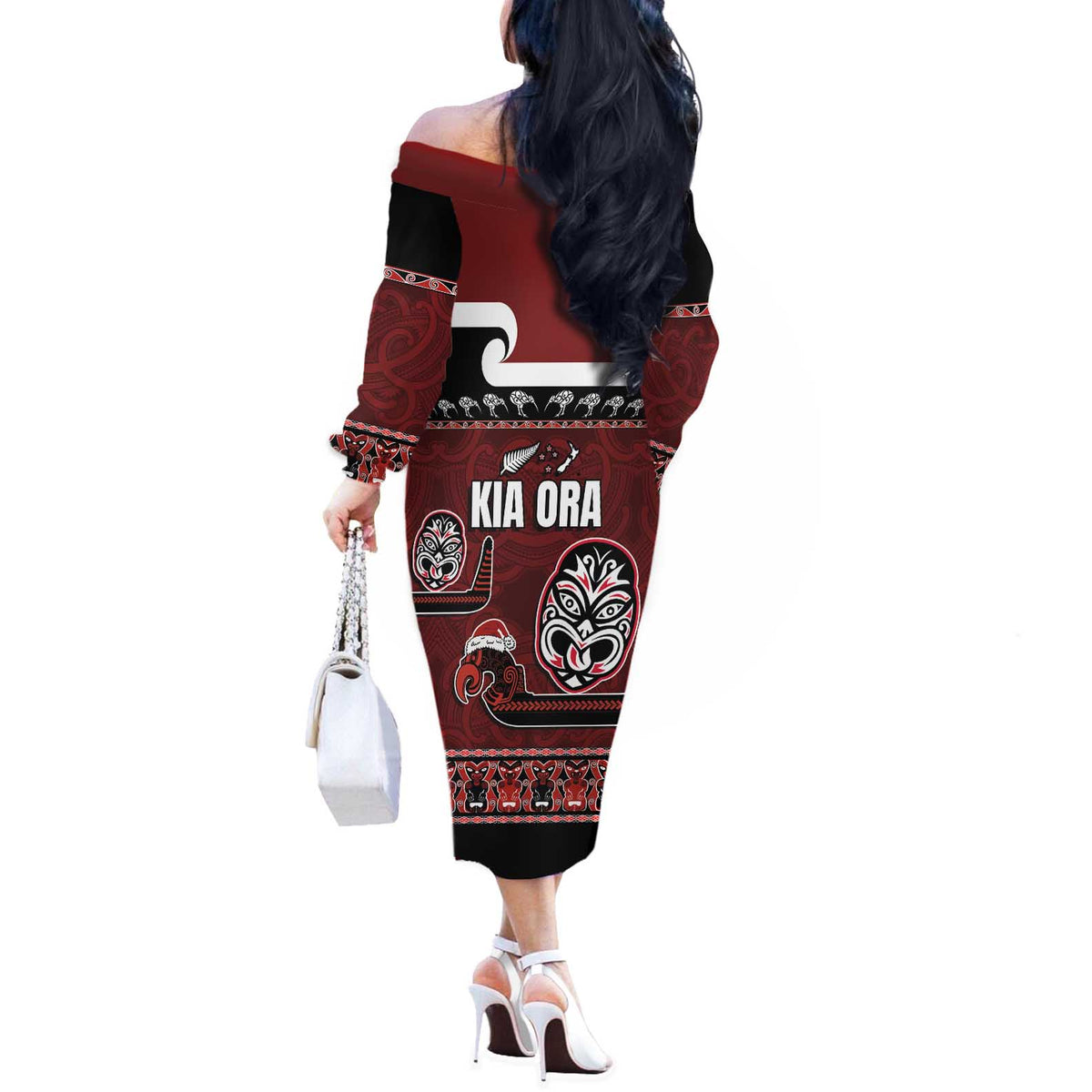 New Zealand Culture Off The Shoulder Long Sleeve Dress Kia Ora Aotearoa Moko Tattoo Mask with Waka and Maori Art Pattern LT03 - Polynesian Pride