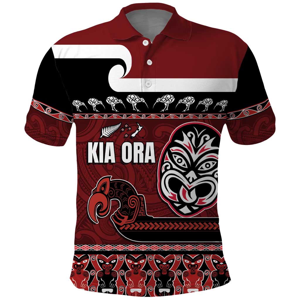 New Zealand Culture Polo Shirt Kia Ora Aotearoa Moko Tattoo Mask with Waka and Maori Art Pattern LT03 Red - Polynesian Pride