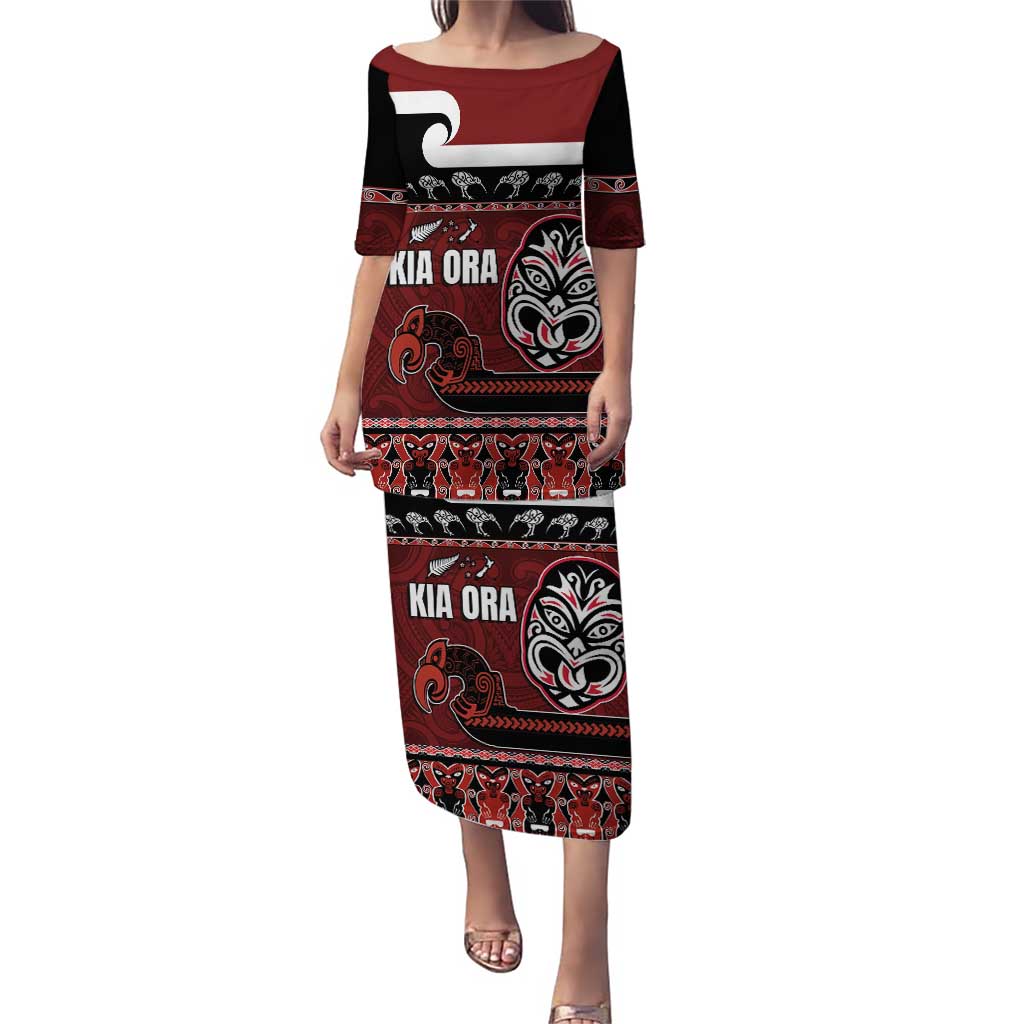 New Zealand Culture Puletasi Kia Ora Aotearoa Moko Tattoo Mask with Waka and Maori Art Pattern LT03 Long Dress Red - Polynesian Pride