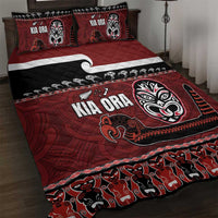 New Zealand Culture Quilt Bed Set Kia Ora Aotearoa Moko Tattoo Mask with Waka and Maori Art Pattern LT03 Red - Polynesian Pride