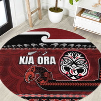 New Zealand Culture Round Carpet Kia Ora Aotearoa Moko Tattoo Mask with Waka and Maori Art Pattern LT03 Red - Polynesian Pride