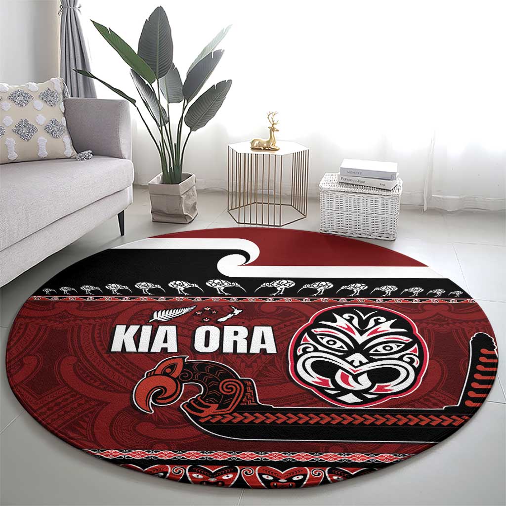 New Zealand Culture Round Carpet Kia Ora Aotearoa Moko Tattoo Mask with Waka and Maori Art Pattern LT03 - Polynesian Pride
