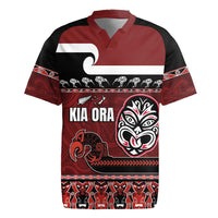 New Zealand Culture Rugby Jersey Kia Ora Aotearoa Moko Tattoo Mask with Waka and Maori Art Pattern LT03 Red - Polynesian Pride