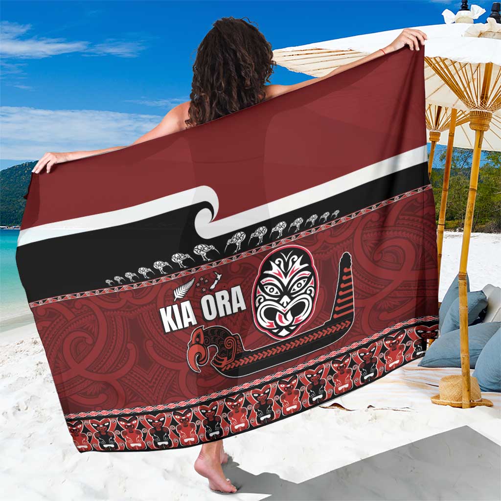 New Zealand Culture Sarong Kia Ora Aotearoa Moko Tattoo Mask with Waka and Maori Art Pattern LT03 One Size 44 x 66 inches Red - Polynesian Pride