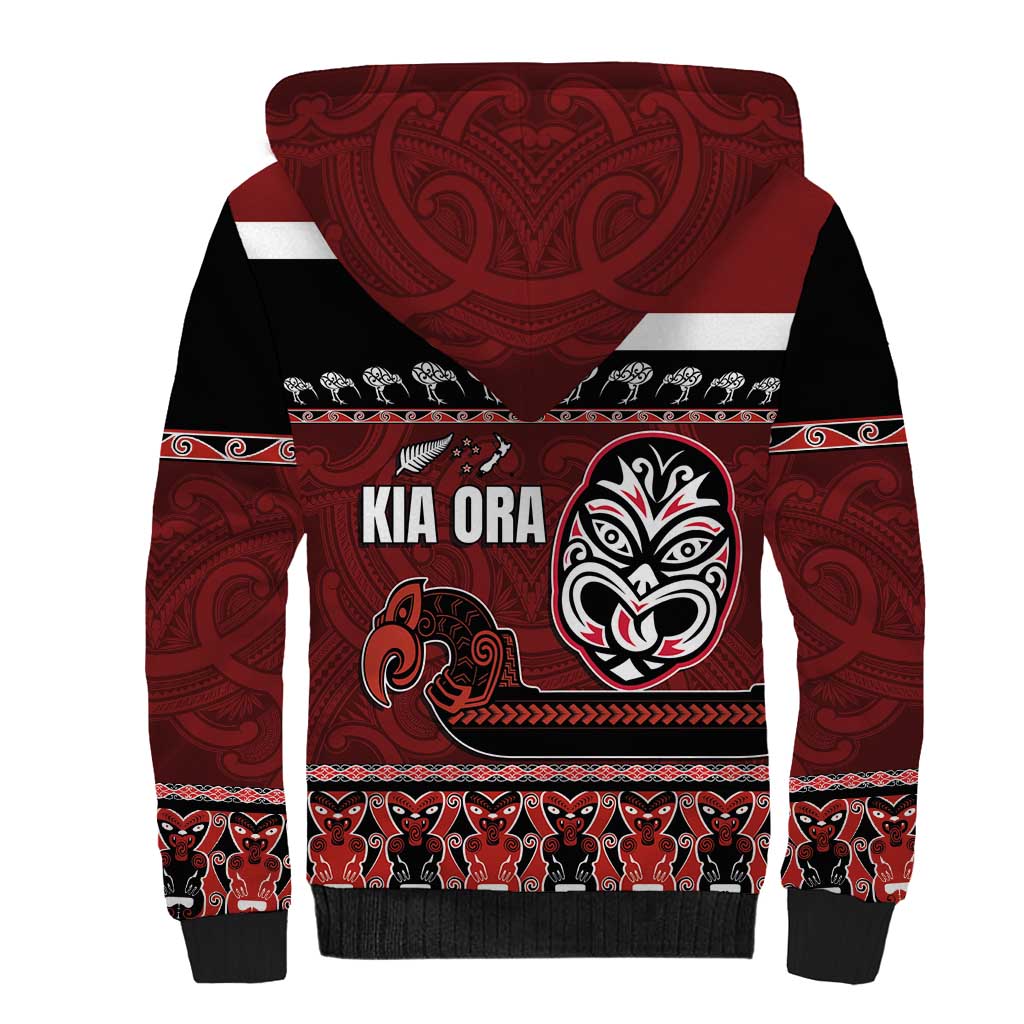 New Zealand Culture Sherpa Hoodie Kia Ora Aotearoa Moko Tattoo Mask with Waka and Maori Art Pattern LT03 - Polynesian Pride