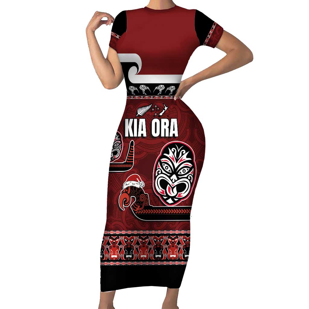 New Zealand Culture Short Sleeve Bodycon Dress Kia Ora Aotearoa Moko Tattoo Mask with Waka and Maori Art Pattern LT03 Long Dress Red - Polynesian Pride