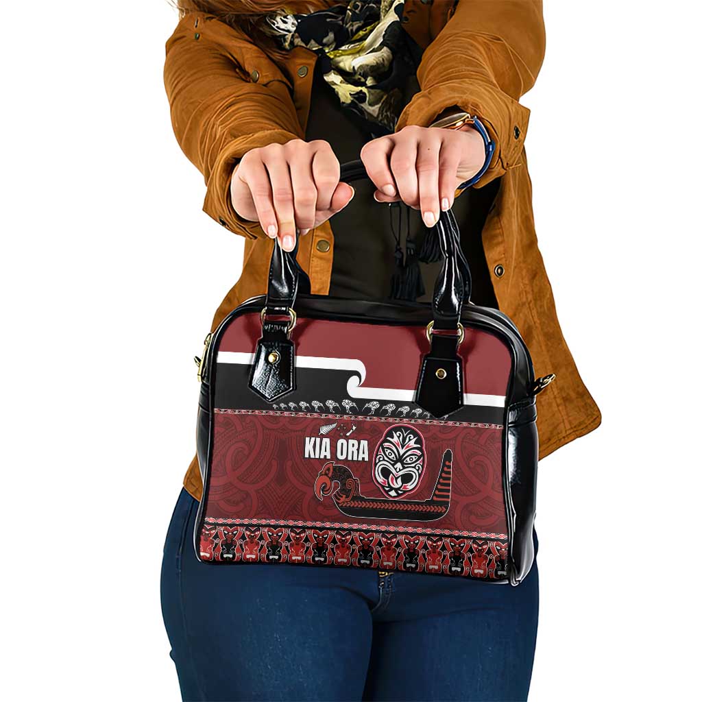 New Zealand Culture Shoulder Handbag Kia Ora Aotearoa Moko Tattoo Mask with Waka and Maori Art Pattern LT03 One Size Red - Polynesian Pride