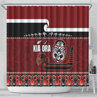 New Zealand Culture Shower Curtain Kia Ora Aotearoa Moko Tattoo Mask with Waka and Maori Art Pattern LT03 - Polynesian Pride