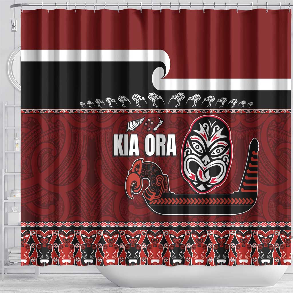 New Zealand Culture Shower Curtain Kia Ora Aotearoa Moko Tattoo Mask with Waka and Maori Art Pattern LT03 - Polynesian Pride