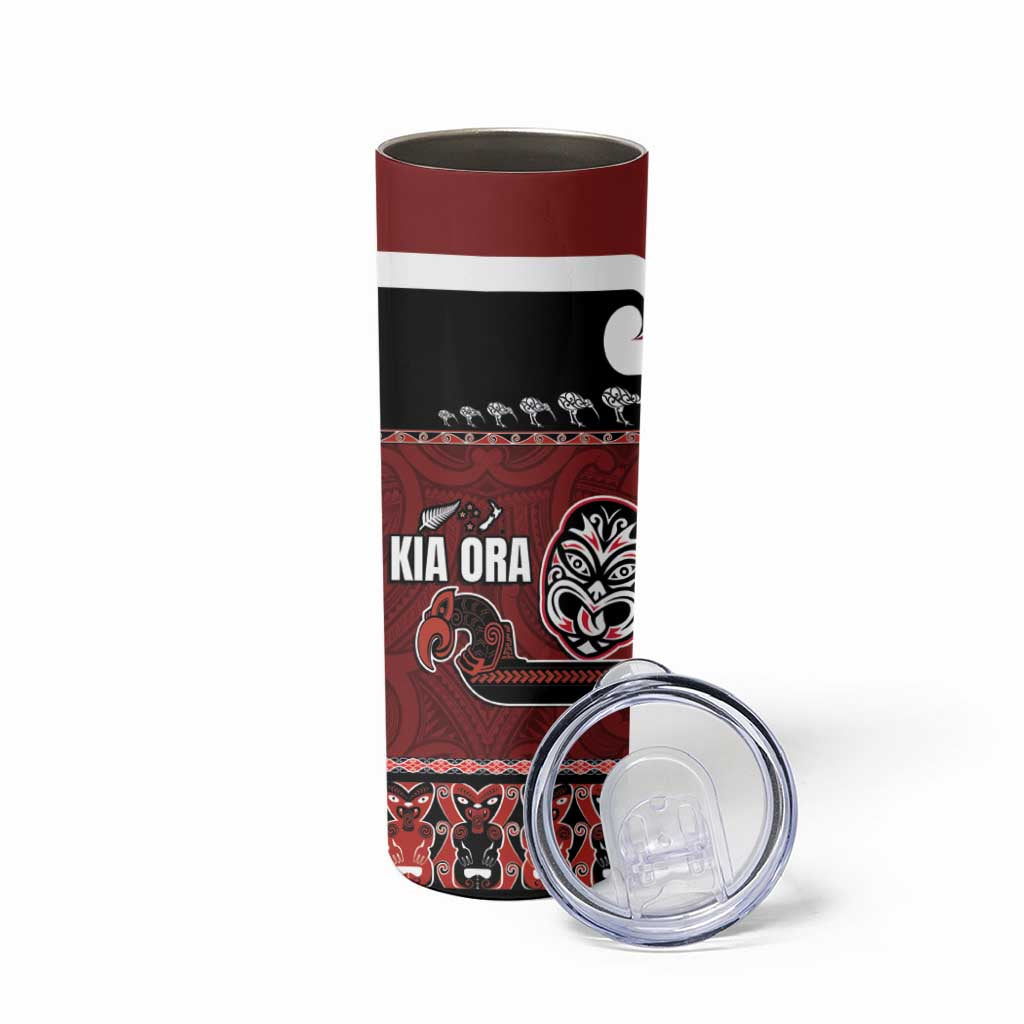 New Zealand Culture Skinny Tumbler Kia Ora Aotearoa Moko Tattoo Mask with Waka and Maori Art Pattern LT03 - Polynesian Pride