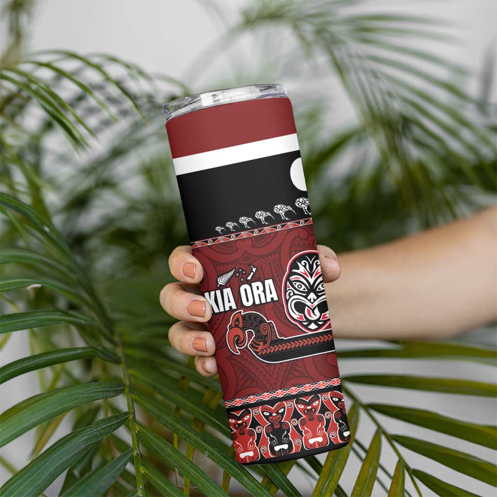New Zealand Culture Skinny Tumbler Kia Ora Aotearoa Moko Tattoo Mask with Waka and Maori Art Pattern LT03 - Polynesian Pride
