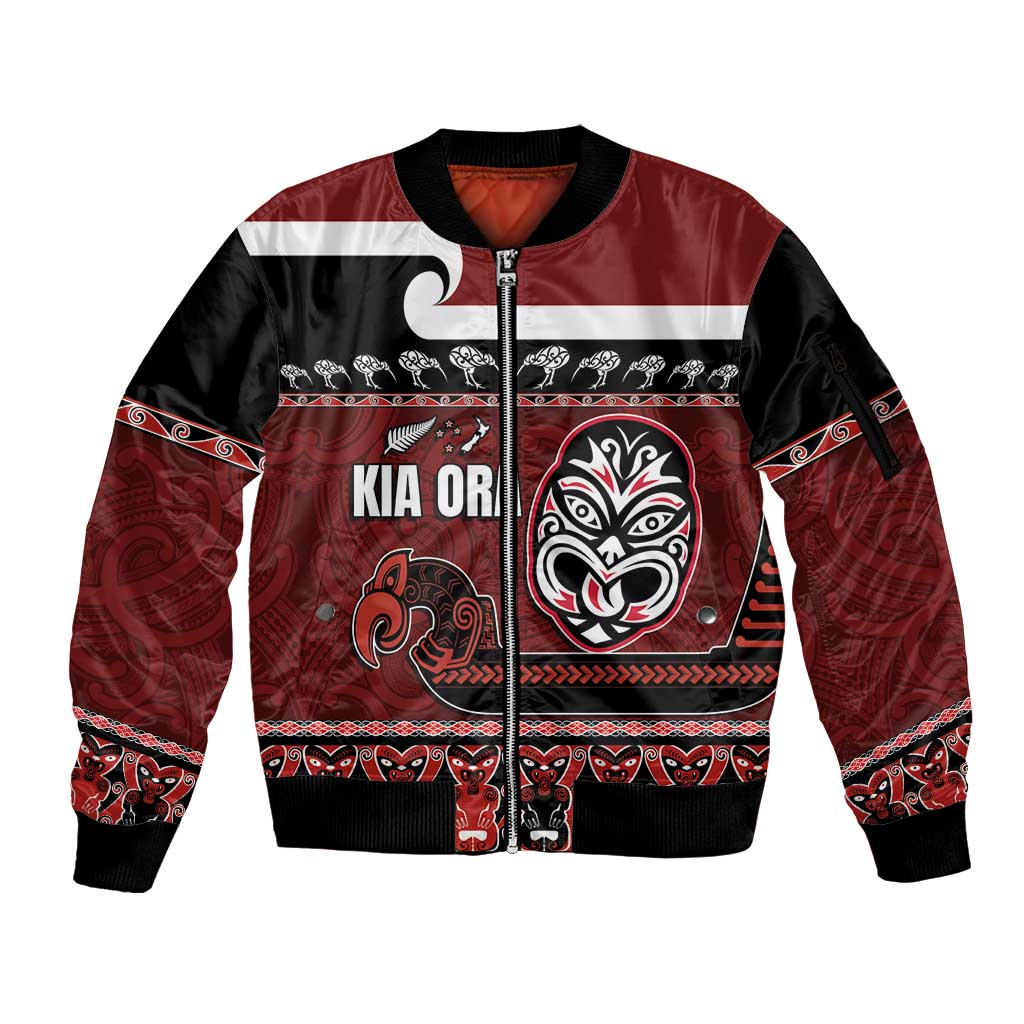 New Zealand Culture Sleeve Zip Bomber Jacket Kia Ora Aotearoa Moko Tattoo Mask with Waka and Maori Art Pattern LT03 Unisex Red - Polynesian Pride