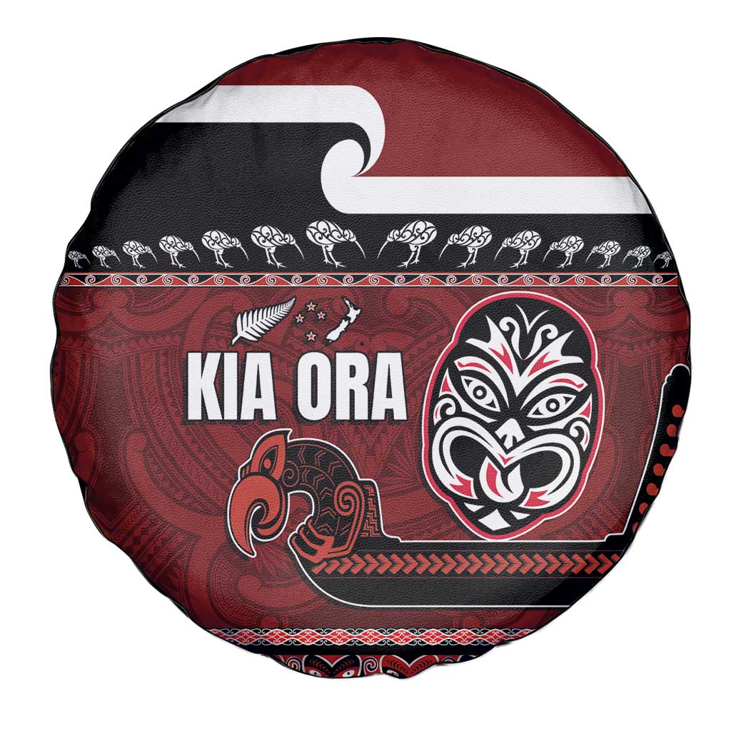 New Zealand Culture Spare Tire Cover Kia Ora Aotearoa Moko Tattoo Mask with Waka and Maori Art Pattern LT03 - Polynesian Pride