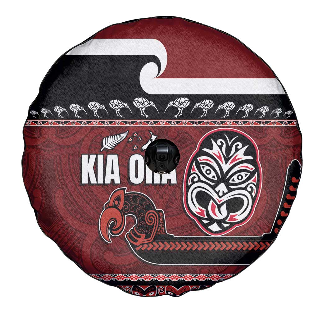 New Zealand Culture Spare Tire Cover Kia Ora Aotearoa Moko Tattoo Mask with Waka and Maori Art Pattern LT03 - Polynesian Pride