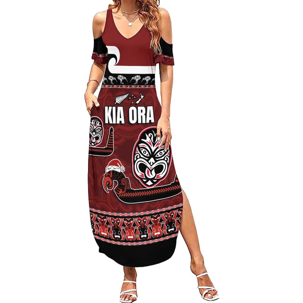 New Zealand Culture Summer Maxi Dress Kia Ora Aotearoa Moko Tattoo Mask with Waka and Maori Art Pattern LT03 Women Red - Polynesian Pride