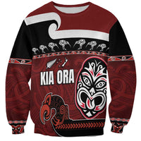 New Zealand Culture Sweatshirt Kia Ora Aotearoa Moko Tattoo Mask with Waka and Maori Art Pattern LT03 Unisex Red - Polynesian Pride