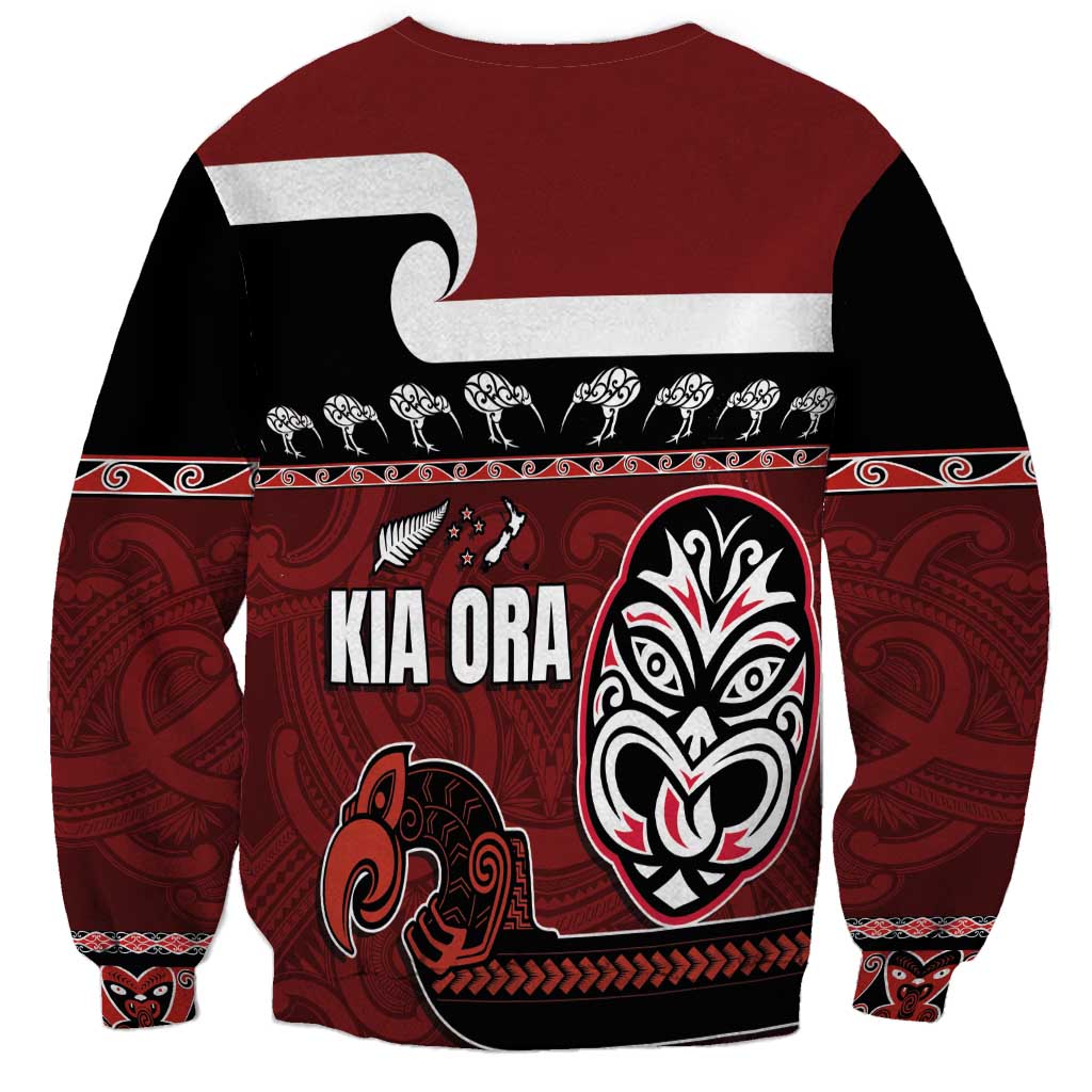 New Zealand Culture Sweatshirt Kia Ora Aotearoa Moko Tattoo Mask with Waka and Maori Art Pattern LT03 - Polynesian Pride