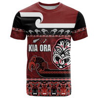 New Zealand Culture T Shirt Kia Ora Aotearoa Moko Tattoo Mask with Waka and Maori Art Pattern LT03 Red - Polynesian Pride