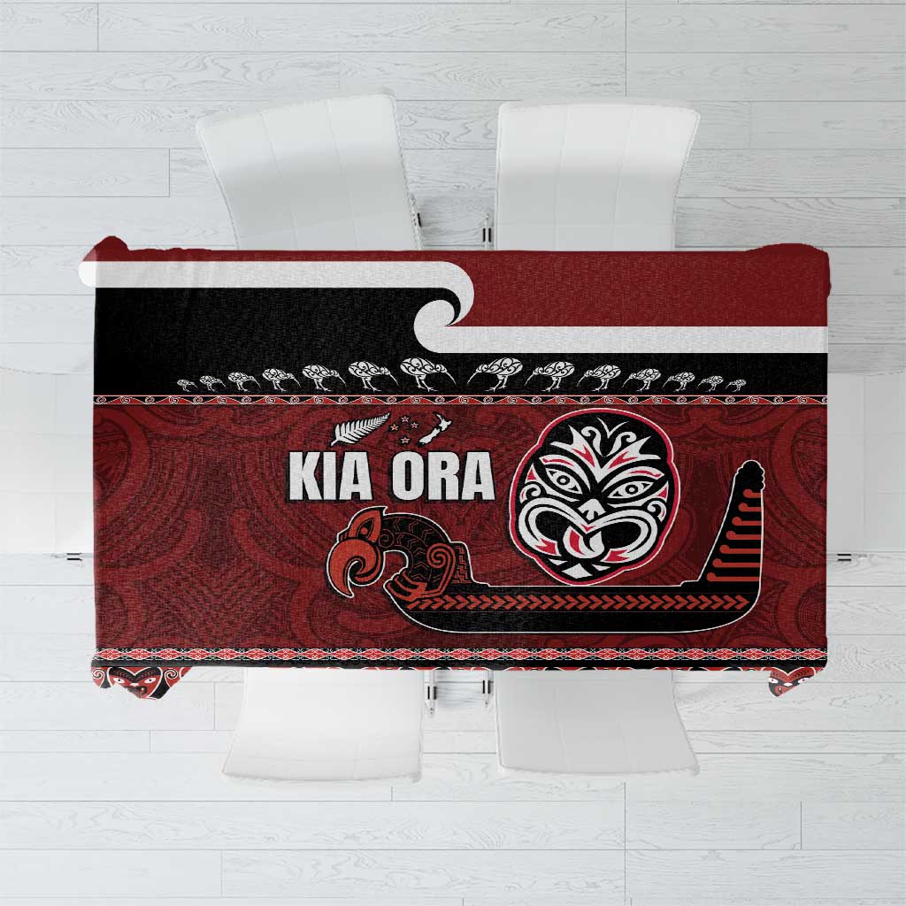New Zealand Culture Tablecloth Kia Ora Aotearoa Moko Tattoo Mask with Waka and Maori Art Pattern LT03 Red - Polynesian Pride