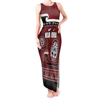 New Zealand Culture Tank Maxi Dress Kia Ora Aotearoa Moko Tattoo Mask with Waka and Maori Art Pattern LT03 Women Red - Polynesian Pride