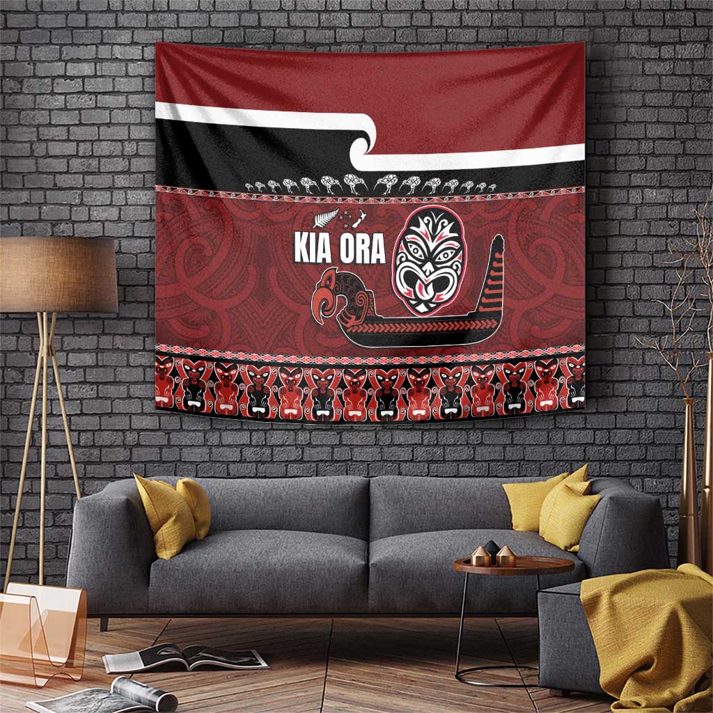 New Zealand Culture Tapestry Kia Ora Aotearoa Moko Tattoo Mask with Waka and Maori Art Pattern LT03 Red - Polynesian Pride