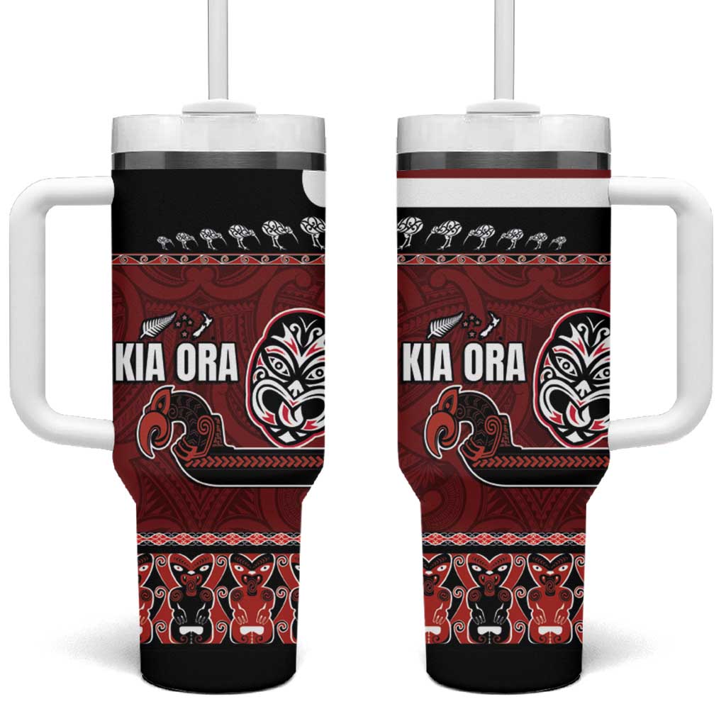 New Zealand Culture Tumbler With Handle Kia Ora Aotearoa Moko Tattoo Mask with Waka and Maori Art Pattern LT03 One Size: 40 oz Red - Polynesian Pride