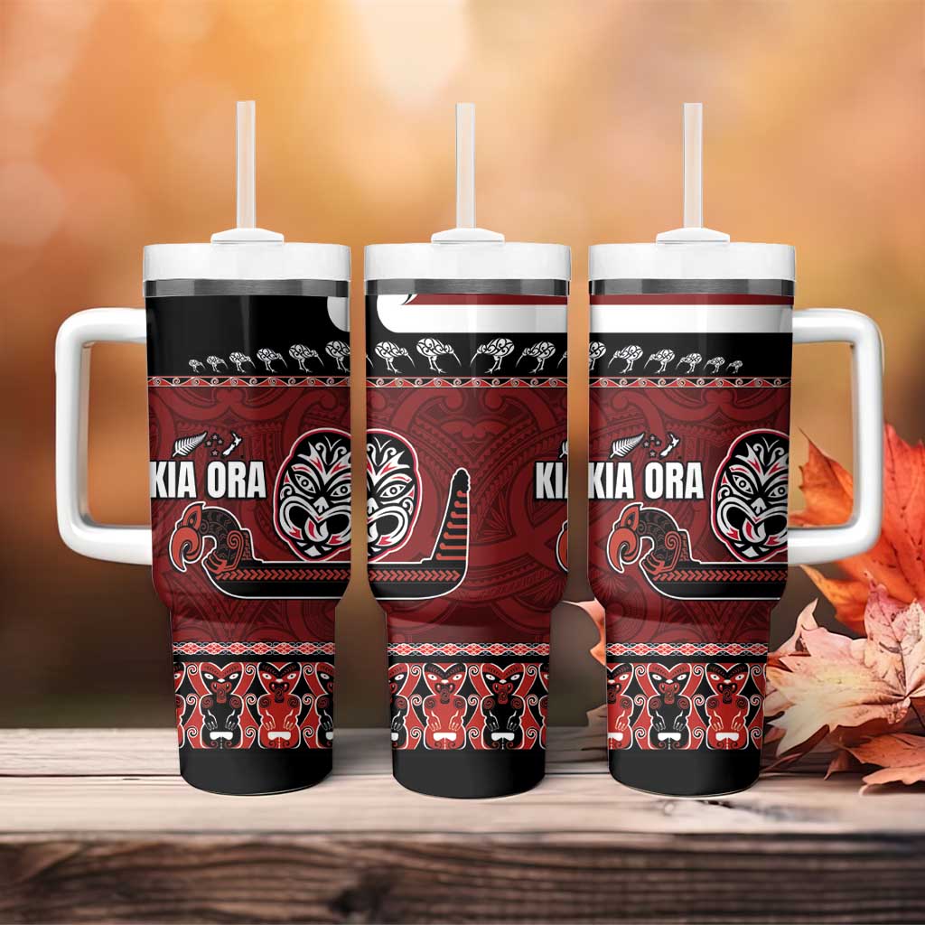 New Zealand Culture Tumbler With Handle Kia Ora Aotearoa Moko Tattoo Mask with Waka and Maori Art Pattern LT03 - Polynesian Pride