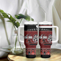 New Zealand Culture Tumbler With Handle Kia Ora Aotearoa Moko Tattoo Mask with Waka and Maori Art Pattern LT03 - Polynesian Pride