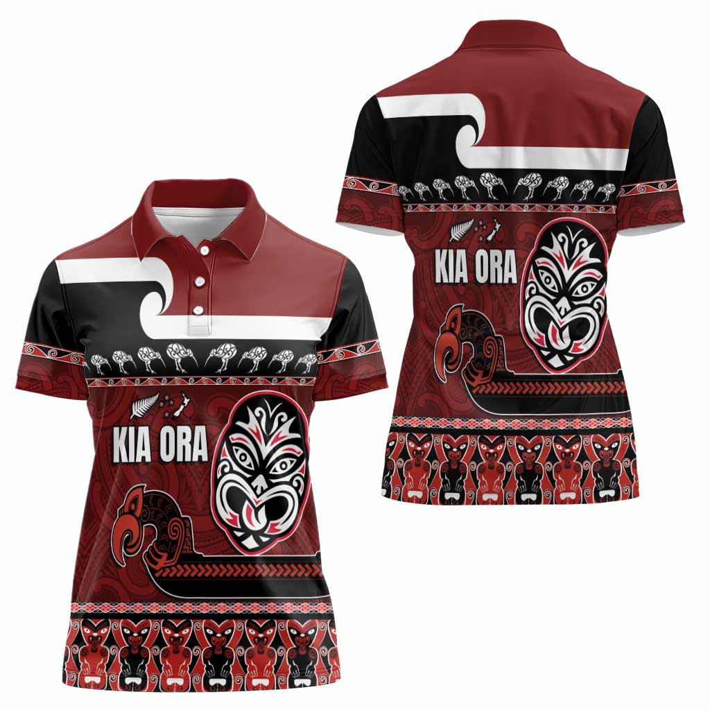 New Zealand Culture Women Polo Shirt Kia Ora Aotearoa Moko Tattoo Mask with Waka and Maori Art Pattern LT03 - Polynesian Pride