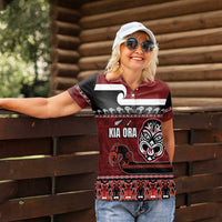 New Zealand Culture Women Polo Shirt Kia Ora Aotearoa Moko Tattoo Mask with Waka and Maori Art Pattern LT03 - Polynesian Pride