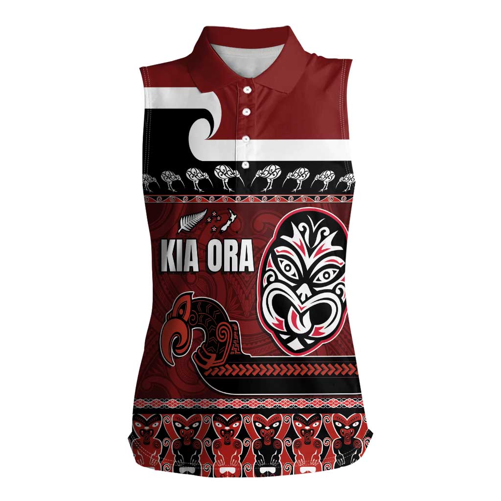 New Zealand Culture Women Sleeveless Polo Shirt Kia Ora Aotearoa Moko Tattoo Mask with Waka and Maori Art Pattern LT03 Female Red - Polynesian Pride