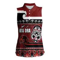 New Zealand Culture Women Sleeveless Polo Shirt Kia Ora Aotearoa Moko Tattoo Mask with Waka and Maori Art Pattern LT03 Female Red - Polynesian Pride