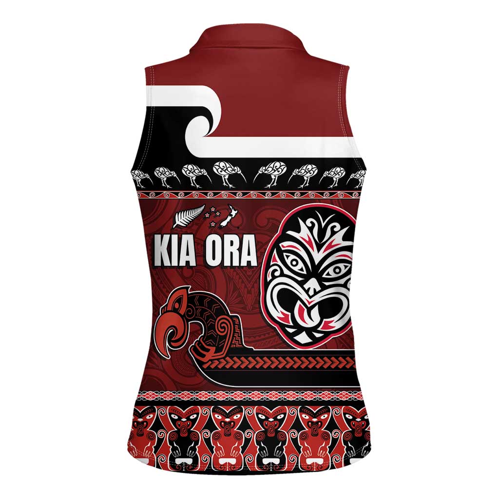 New Zealand Culture Women Sleeveless Polo Shirt Kia Ora Aotearoa Moko Tattoo Mask with Waka and Maori Art Pattern LT03 - Polynesian Pride