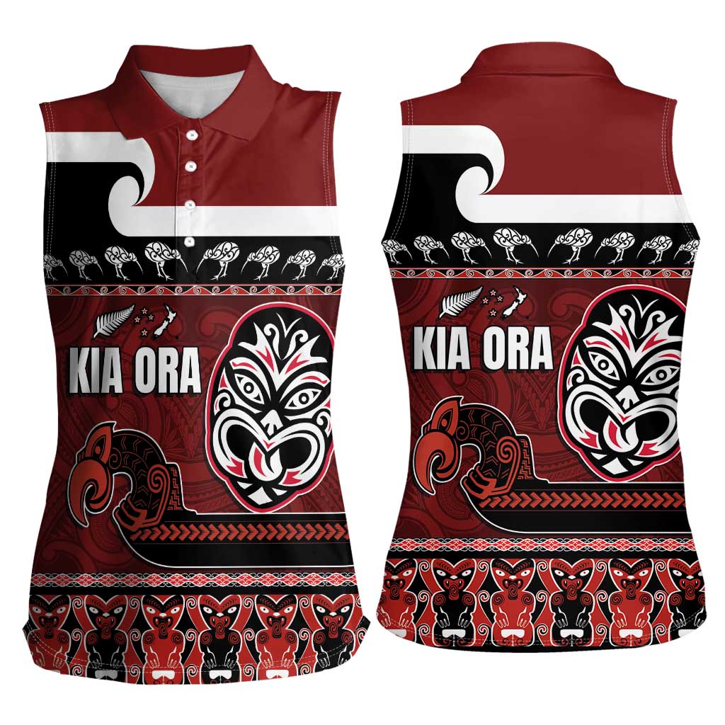New Zealand Culture Women Sleeveless Polo Shirt Kia Ora Aotearoa Moko Tattoo Mask with Waka and Maori Art Pattern LT03 - Polynesian Pride