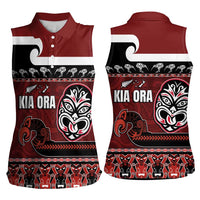 New Zealand Culture Women Sleeveless Polo Shirt Kia Ora Aotearoa Moko Tattoo Mask with Waka and Maori Art Pattern LT03 - Polynesian Pride
