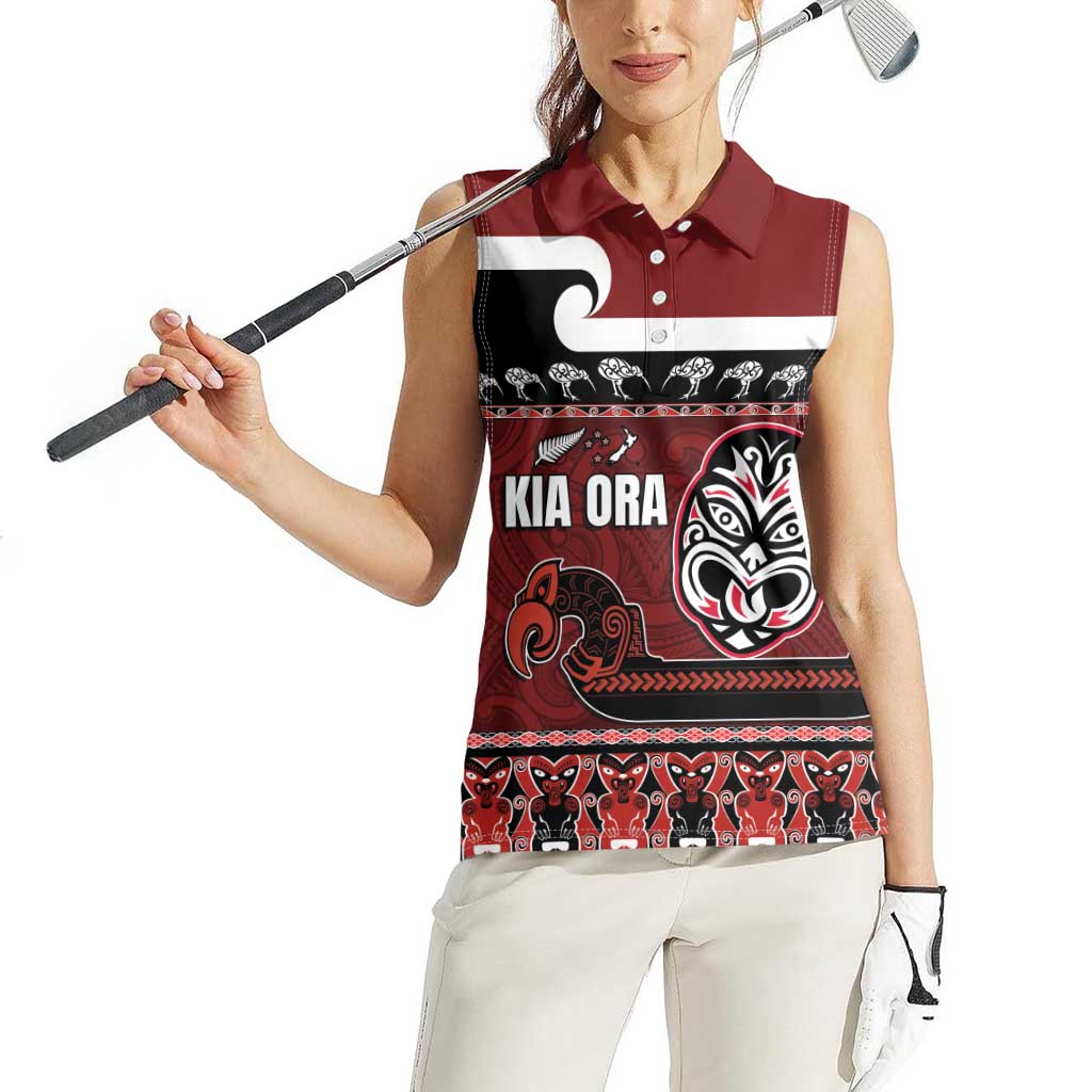 New Zealand Culture Women Sleeveless Polo Shirt Kia Ora Aotearoa Moko Tattoo Mask with Waka and Maori Art Pattern LT03 - Polynesian Pride