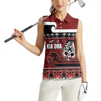 New Zealand Culture Women Sleeveless Polo Shirt Kia Ora Aotearoa Moko Tattoo Mask with Waka and Maori Art Pattern LT03 - Polynesian Pride