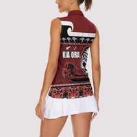 New Zealand Culture Women Sleeveless Polo Shirt Kia Ora Aotearoa Moko Tattoo Mask with Waka and Maori Art Pattern LT03 - Polynesian Pride